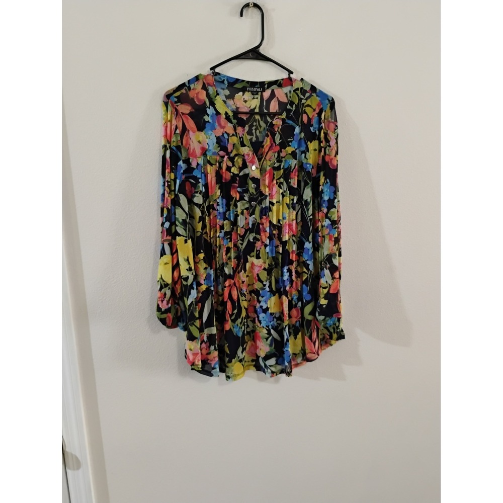 Roz & Ali Floral Pleated V-Neck Blouse Multicolor Long Sleeve Top 2X